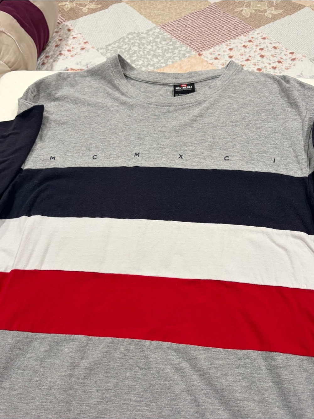 South Pole Men's Grey Striped Crewneck Shirt with Red & Black Panels